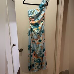 Petal & Pup One-Shoulder Dress in Blue and Orange Floral